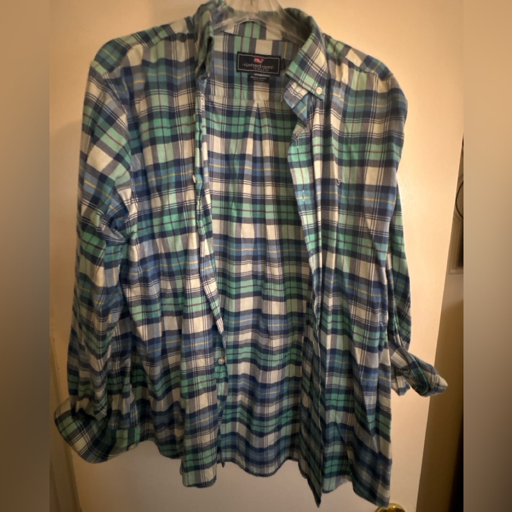 Vineyard Vines Men’s Whale Shirt Plaid Button Down Shirt Large Blue Green